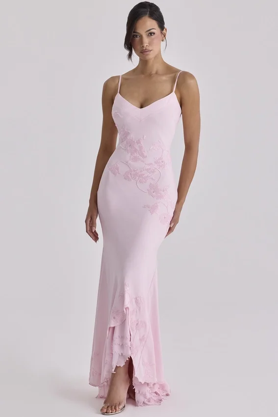 Anastelle Pink Hand Beaded Embellished Satin Maxi Dress Anastelle Pink Hand Beaded Embellished Satin Maxi Dress