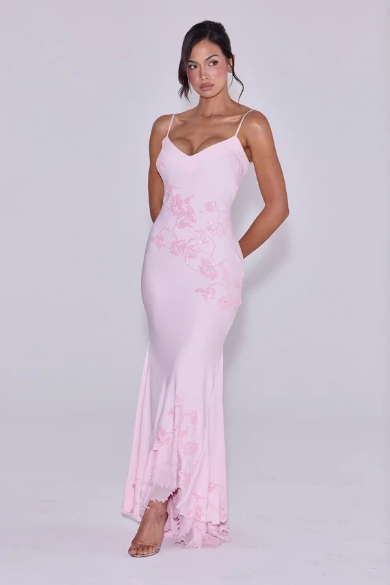 Anastelle Pink Hand Beaded Embellished Satin Maxi Dress Anastelle Pink Hand Beaded Embellished Satin Maxi Dress