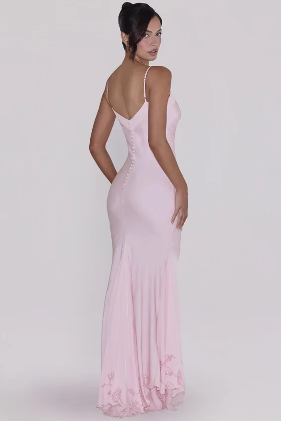 Anastelle Pink Hand Beaded Embellished Satin Maxi Dress Anastelle Pink Hand Beaded Embellished Satin Maxi Dress