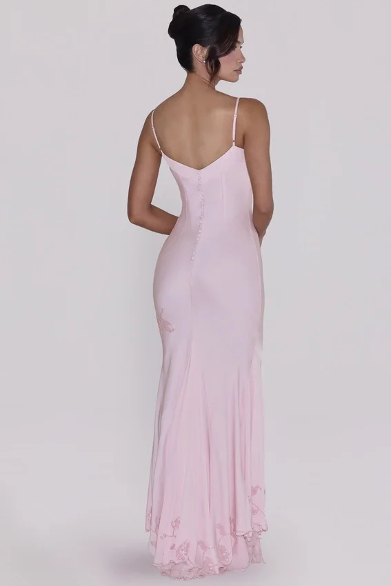 Anastelle Pink Hand Beaded Embellished Satin Maxi Dress Anastelle Pink Hand Beaded Embellished Satin Maxi Dress