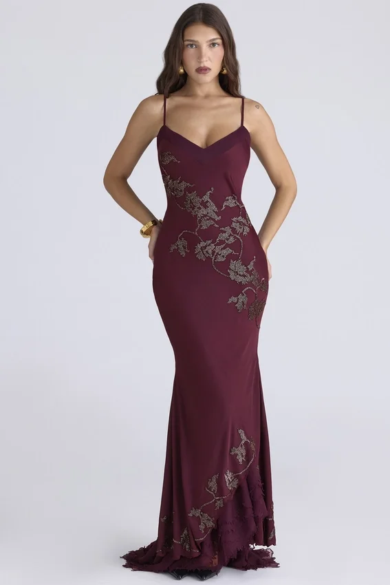 Anastelle Plum Hand Beaded Embellished Satin Maxi Gown – Limited Edition Anastelle Plum Hand Beaded Embellished Satin Maxi Gown – Limited Edition