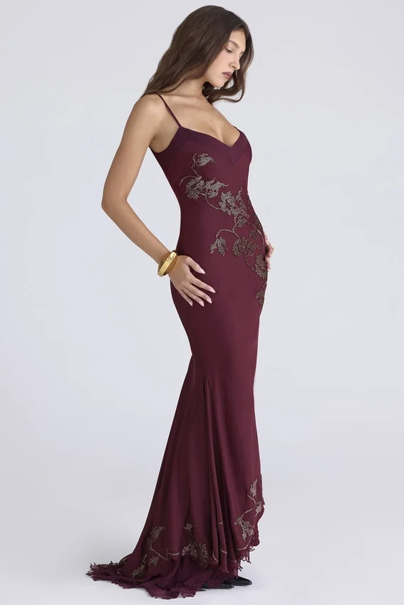 Anastelle Plum Hand Beaded Embellished Satin Maxi Gown – Limited Edition Anastelle Plum Hand Beaded Embellished Satin Maxi Gown – Limited Edition