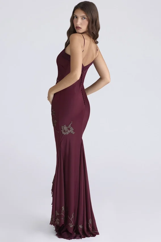 Anastelle Plum Hand Beaded Embellished Satin Maxi Gown – Limited Edition Anastelle Plum Hand Beaded Embellished Satin Maxi Gown – Limited Edition