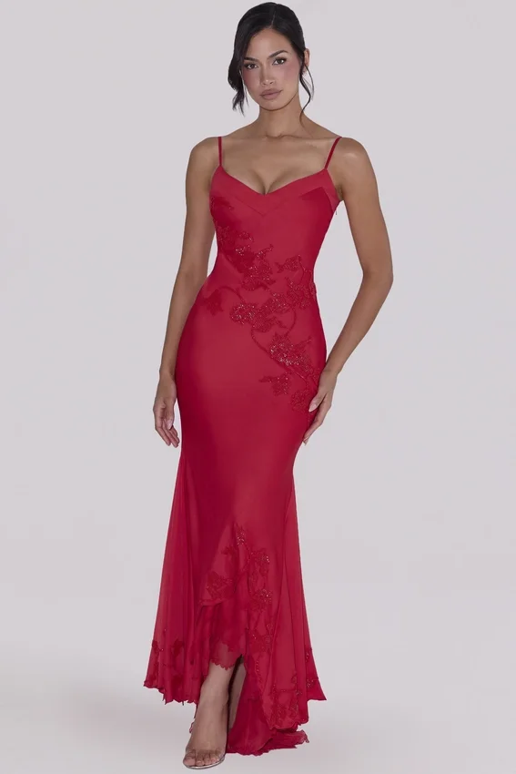 Anastelle Red Hand Beaded Embellished Satin Maxi Dress – Limited Edition Anastelle Red Hand Beaded Embellished Satin Maxi Dress – Limited Edition