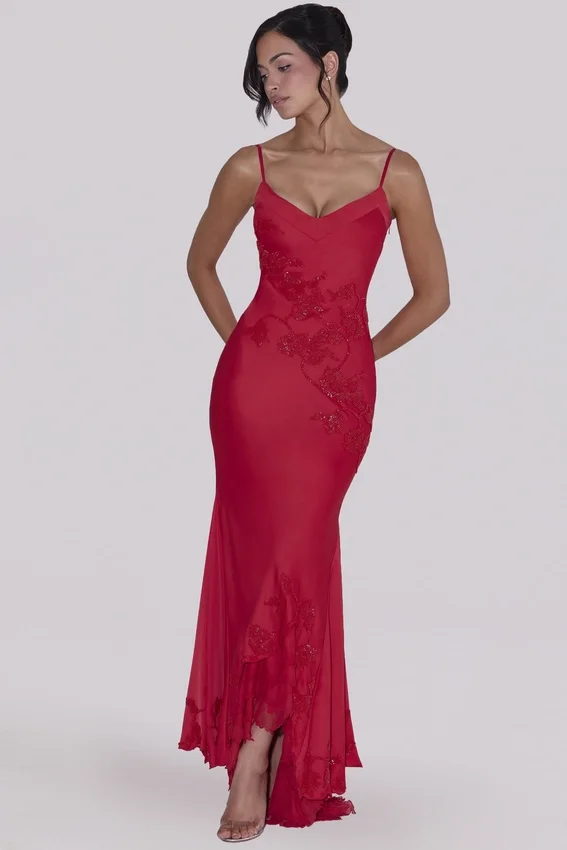 Anastelle Red Hand Beaded Embellished Satin Maxi Dress – Limited Edition Anastelle Red Hand Beaded Embellished Satin Maxi Dress – Limited Edition