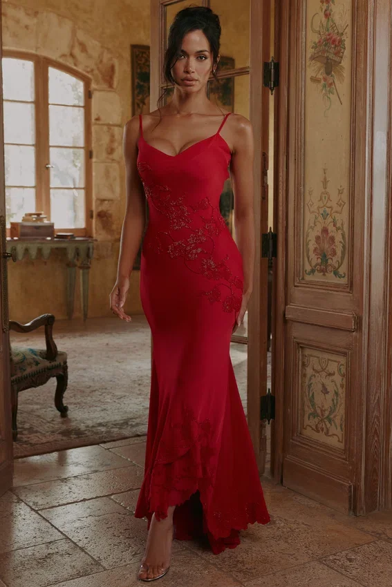 Anastelle Red Hand Beaded Embellished Satin Maxi Dress – Limited Edition Anastelle Red Hand Beaded Embellished Satin Maxi Dress – Limited Edition