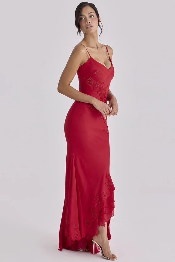 Anastelle Red Hand Beaded Embellished Satin Maxi Dress – Limited Edition Anastelle Red Hand Beaded Embellished Satin Maxi Dress – Limited Edition