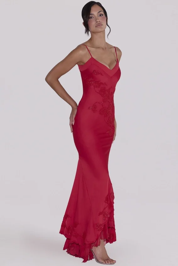 Anastelle Red Hand Beaded Embellished Satin Maxi Dress – Limited Edition Anastelle Red Hand Beaded Embellished Satin Maxi Dress – Limited Edition