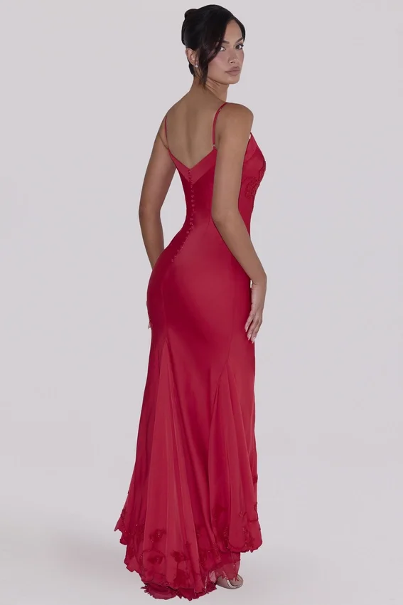 Anastelle Red Hand Beaded Embellished Satin Maxi Dress – Limited Edition Anastelle Red Hand Beaded Embellished Satin Maxi Dress – Limited Edition