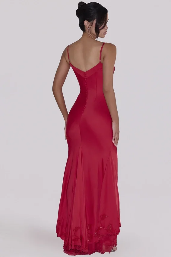 Anastelle Red Hand Beaded Embellished Satin Maxi Dress – Limited Edition Anastelle Red Hand Beaded Embellished Satin Maxi Dress – Limited Edition