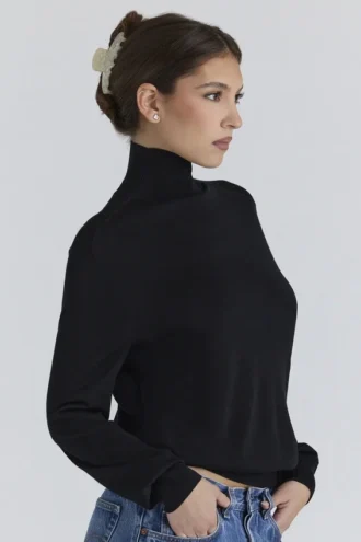 Angel Black Silk + Wool Roll Neck Sweater