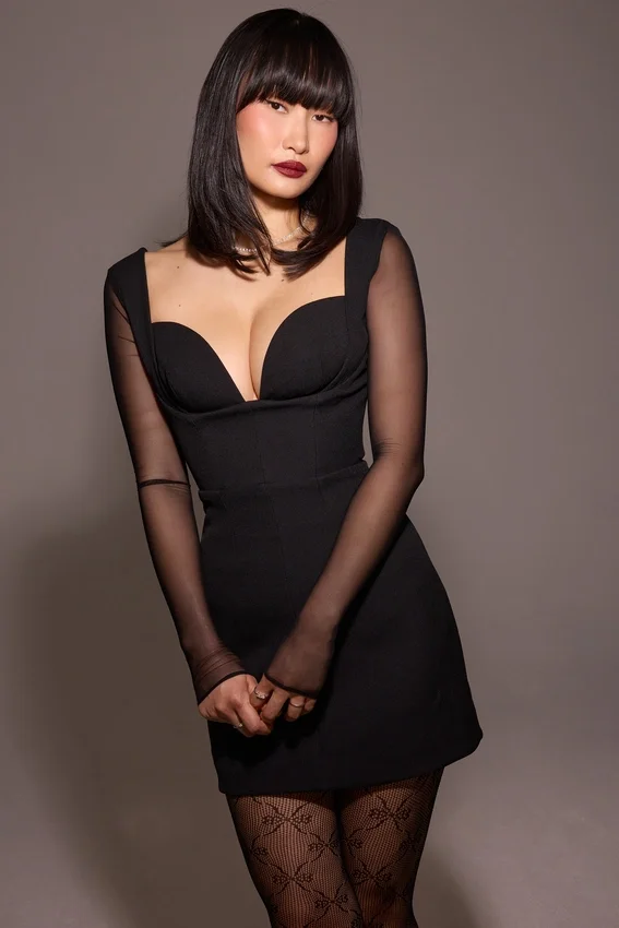 Angelie Black Stretch Crepe Plunge Mini Dress Angelie Black Stretch Crepe Plunge Mini Dress