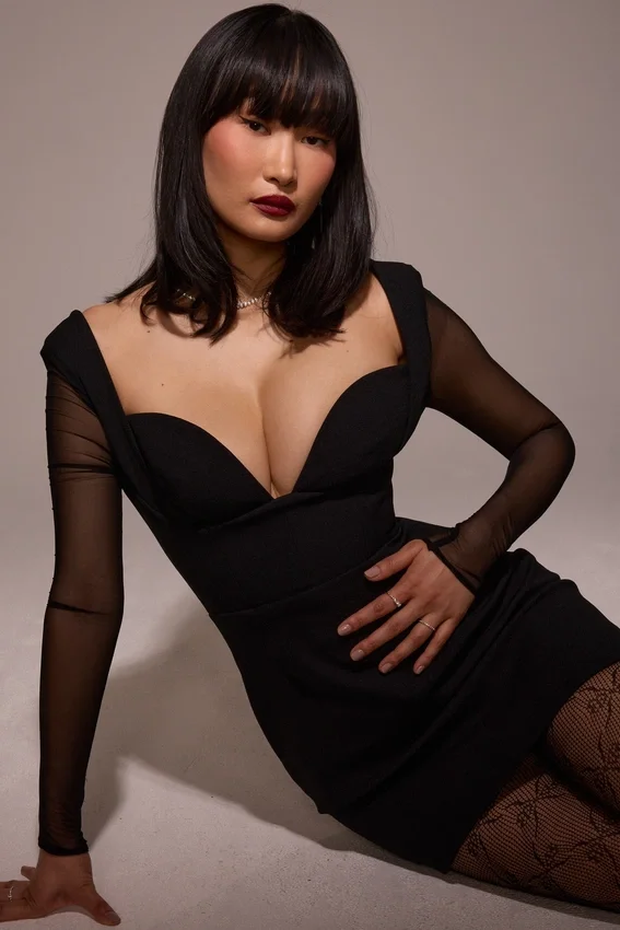 Angelie Black Stretch Crepe Plunge Mini Dress Angelie Black Stretch Crepe Plunge Mini Dress