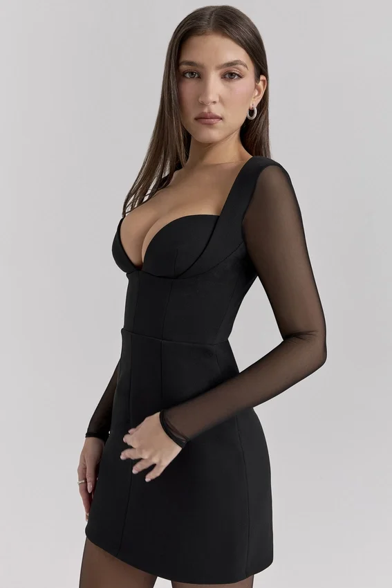 Angelie Black Stretch Crepe Plunge Mini Dress Angelie Black Stretch Crepe Plunge Mini Dress