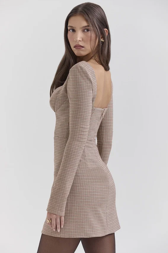 Angelie Brown Puppytooth Check Plunge Mini Dress Angelie Brown Puppytooth Check Plunge Mini Dress