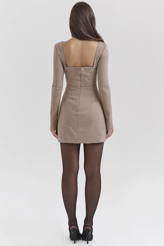 Angelie Brown Puppytooth Check Plunge Mini Dress Angelie Brown Puppytooth Check Plunge Mini Dress