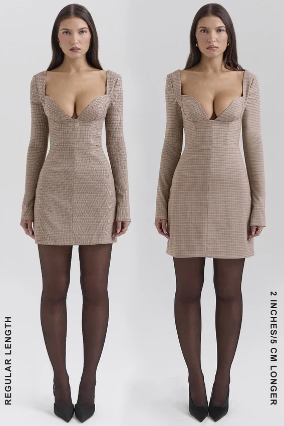Angelie Brown Puppytooth Check Plunge Mini Dress Angelie Brown Puppytooth Check Plunge Mini Dress