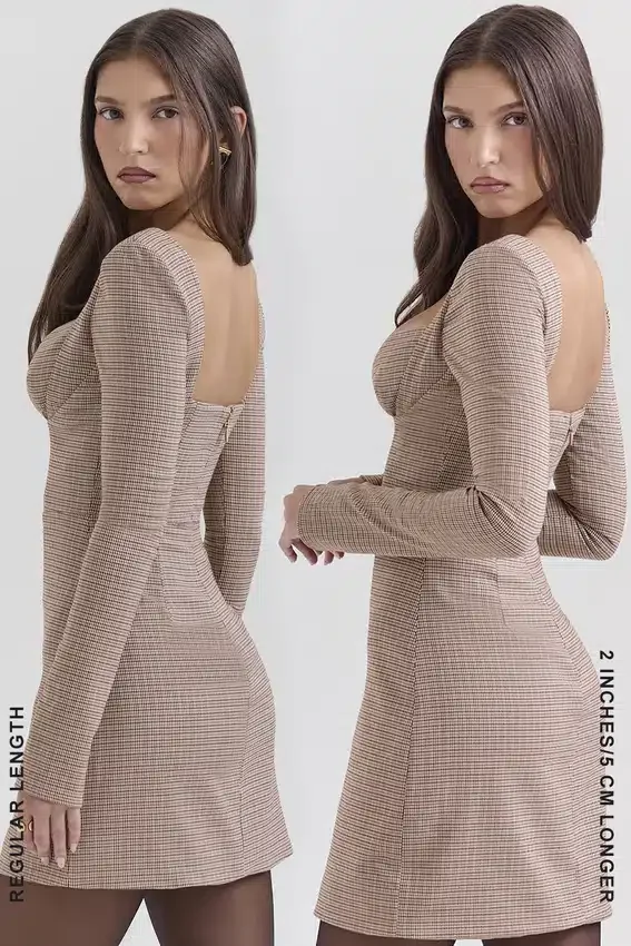 Angelie Brown Puppytooth Check Plunge Mini Dress Angelie Brown Puppytooth Check Plunge Mini Dress