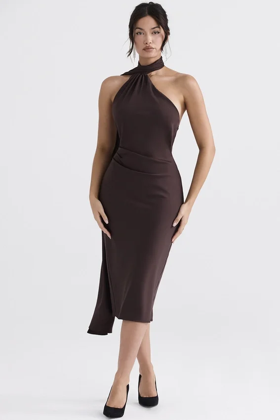 Angelina Chocolate Wrap Neck Midi Dress Angelina Chocolate Wrap Neck Midi Dress