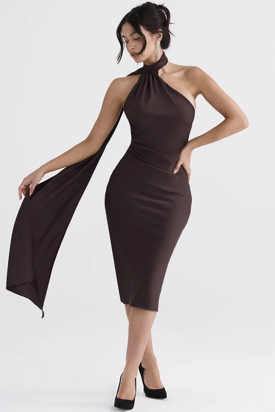 Angelina Chocolate Wrap Neck Midi Dress Angelina Chocolate Wrap Neck Midi Dress