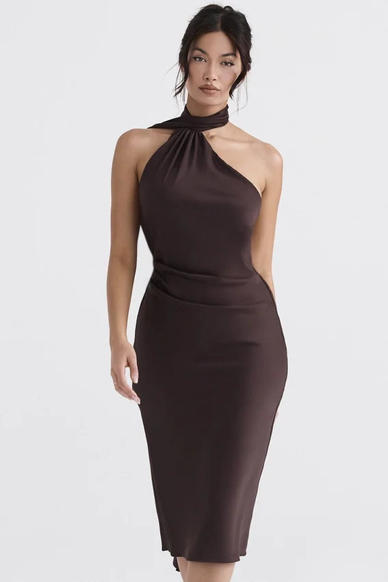 Angelina Chocolate Wrap Neck Midi Dress Angelina Chocolate Wrap Neck Midi Dress
