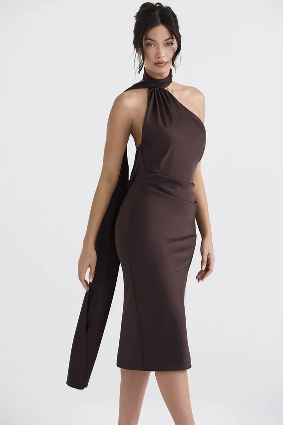 Angelina Chocolate Wrap Neck Midi Dress Angelina Chocolate Wrap Neck Midi Dress