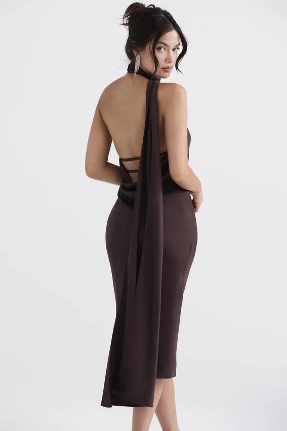 Angelina Chocolate Wrap Neck Midi Dress Angelina Chocolate Wrap Neck Midi Dress