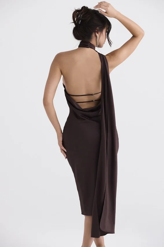 Angelina Chocolate Wrap Neck Midi Dress Angelina Chocolate Wrap Neck Midi Dress