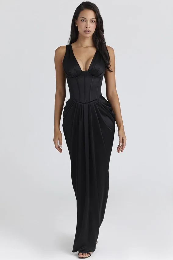 Angeline Black Satin Hourglass Maxi Dress – Limited Edition Angeline Black Satin Hourglass Maxi Dress – Limited Edition
