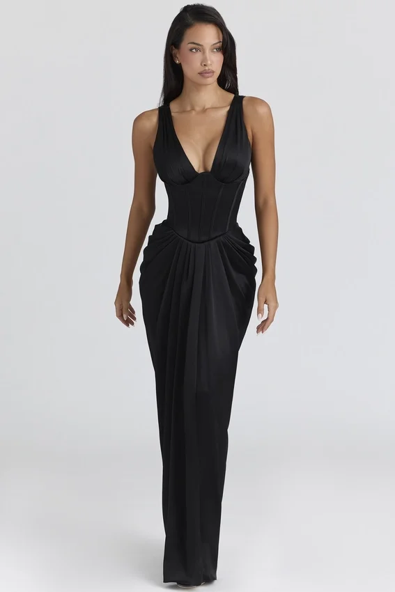 Angeline Black Satin Hourglass Maxi Dress – Limited Edition Angeline Black Satin Hourglass Maxi Dress – Limited Edition