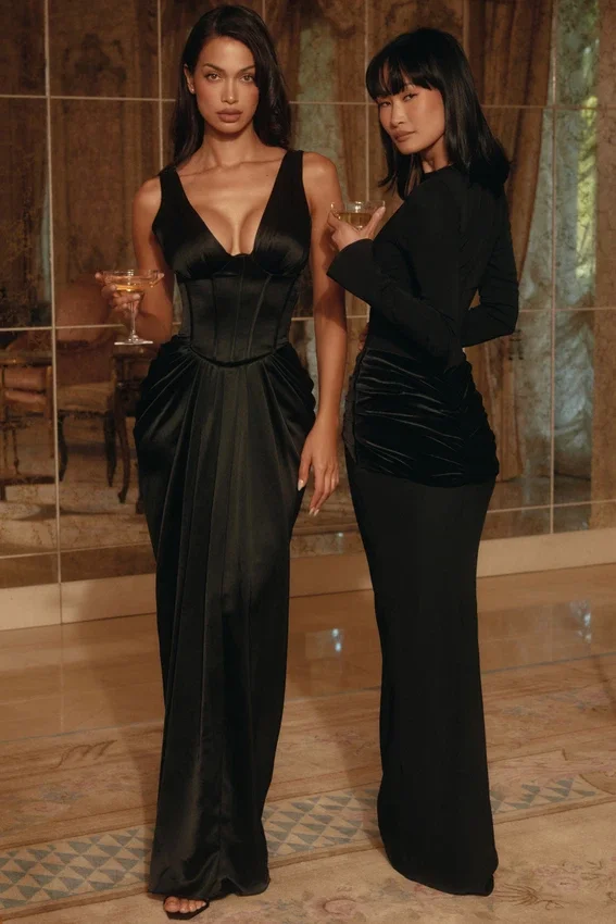 Angeline Black Satin Hourglass Maxi Dress – Limited Edition Angeline Black Satin Hourglass Maxi Dress – Limited Edition
