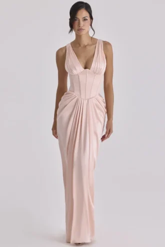 Angeline Blush Satin Corset Maxi Dress – Limited Edition