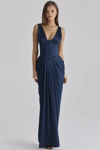 Angeline Navy Satin Corset Maxi Dress