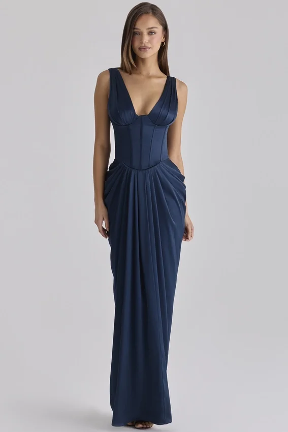 Angeline Navy Satin Corset Maxi Dress Angeline Navy Satin Corset Maxi Dress