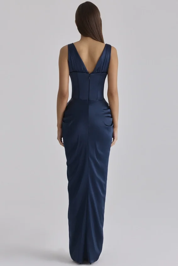 Angeline Navy Satin Corset Maxi Dress Angeline Navy Satin Corset Maxi Dress