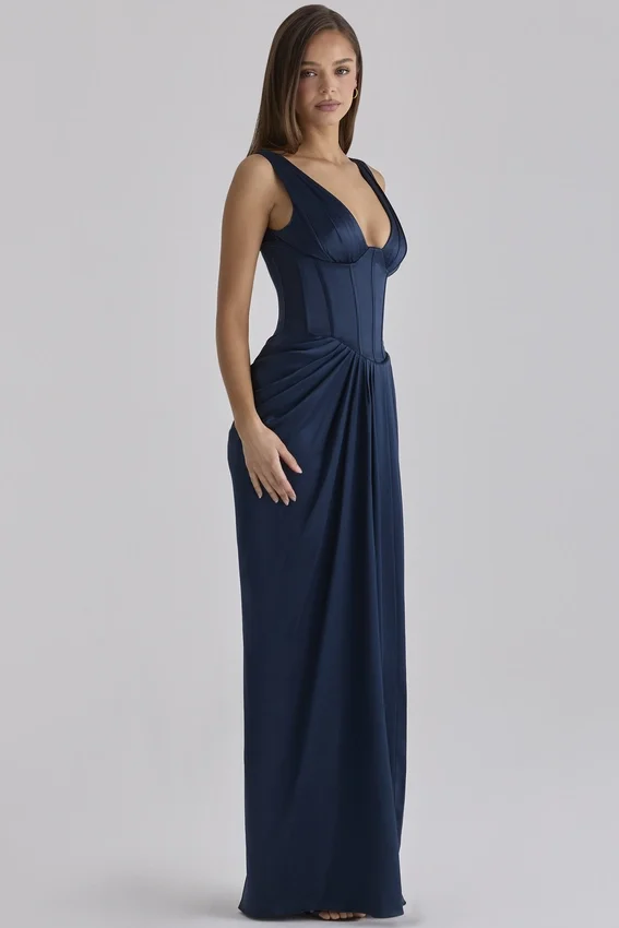 Angeline Navy Satin Corset Maxi Dress Angeline Navy Satin Corset Maxi Dress