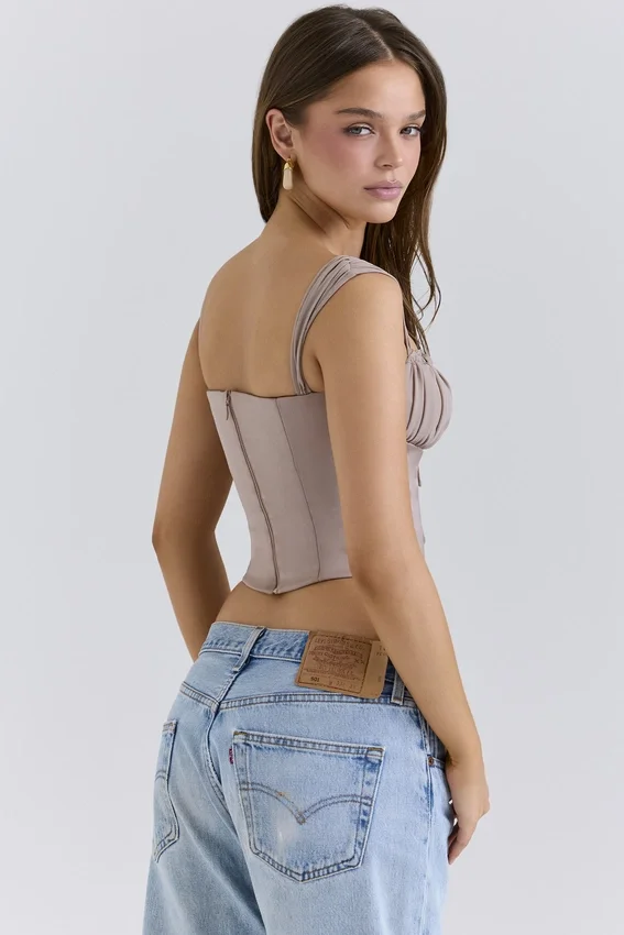 Anja Mocha Georgette Cap Sleeve Corset Top Anja Mocha Georgette Cap Sleeve Corset Top