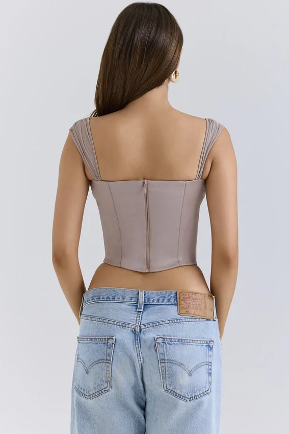 Anja Mocha Georgette Cap Sleeve Corset Top Anja Mocha Georgette Cap Sleeve Corset Top