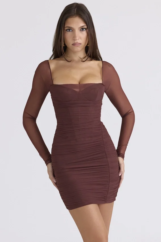 Anouk Mocha Mesh Long Sleeve Mini Dress Anouk Mocha Mesh Long Sleeve Mini Dress