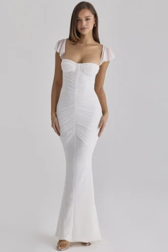Antonella White Gathered Mesh Maxi Dress