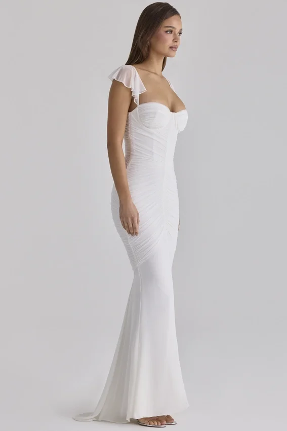 Antonella White Gathered Mesh Maxi Dress Antonella White Gathered Mesh Maxi Dress