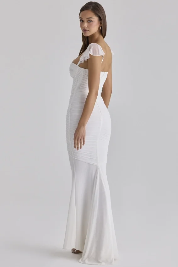 Antonella White Gathered Mesh Maxi Dress Antonella White Gathered Mesh Maxi Dress