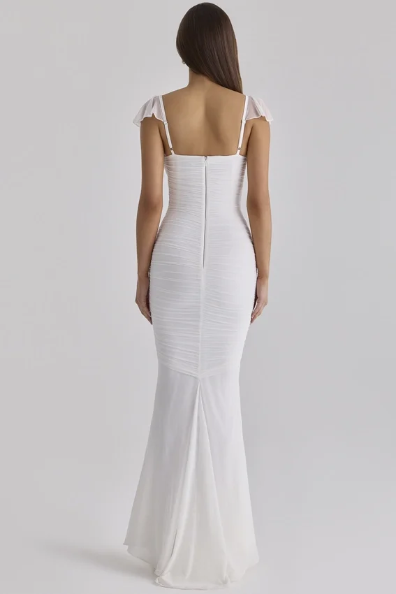 Antonella White Gathered Mesh Maxi Dress Antonella White Gathered Mesh Maxi Dress
