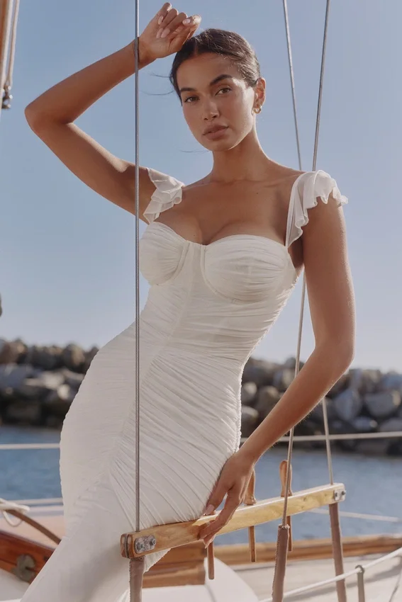 Antonella White Gathered Mesh Maxi Dress Antonella White Gathered Mesh Maxi Dress