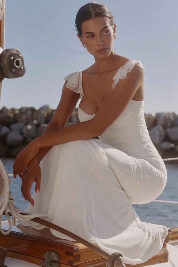 Antonella White Gathered Mesh Maxi Dress Antonella White Gathered Mesh Maxi Dress