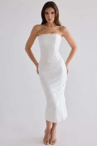 Antonie White Cotton Broderie Anglaise Midi Skirt