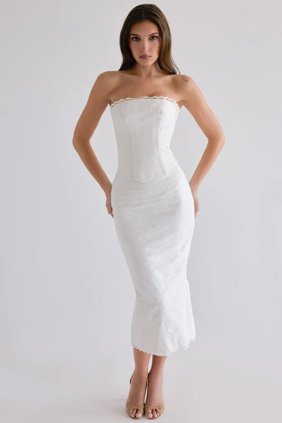 Antonie White Cotton Broderie Anglaise Midi Skirt Antonie White Cotton Broderie Anglaise Midi Skirt