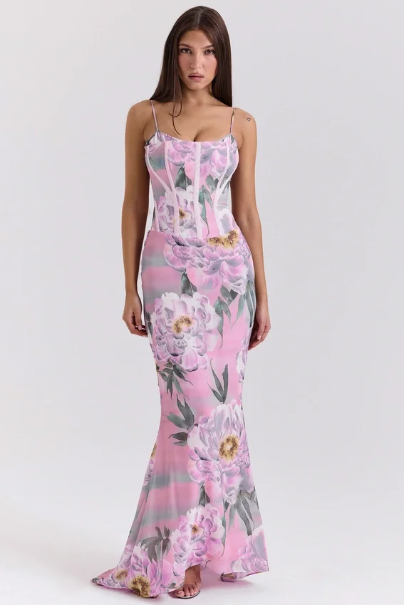 Antonina Pink Floral Corset Maxi Dress Antonina Pink Floral Corset Maxi Dress