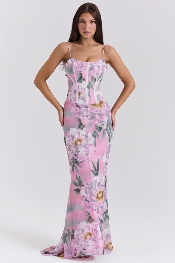 Antonina Pink Floral Corset Maxi Dress Antonina Pink Floral Corset Maxi Dress