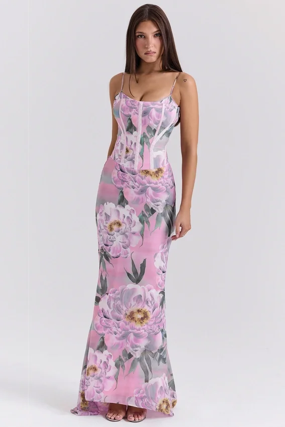 Antonina Pink Floral Corset Maxi Dress Antonina Pink Floral Corset Maxi Dress